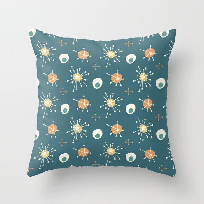 Mid Century Modern Atomic Starburst Pattern Teal, Orange, Cream Throw Pillow