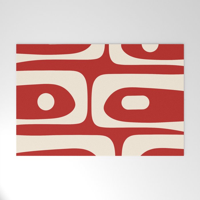Retro Piquet Mid Century Modern Abstract Pattern in Red and Almond Cream Welcome Mat