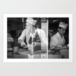 Confused in a kitchen - Black and white cafe restaurant street photography Art Print
