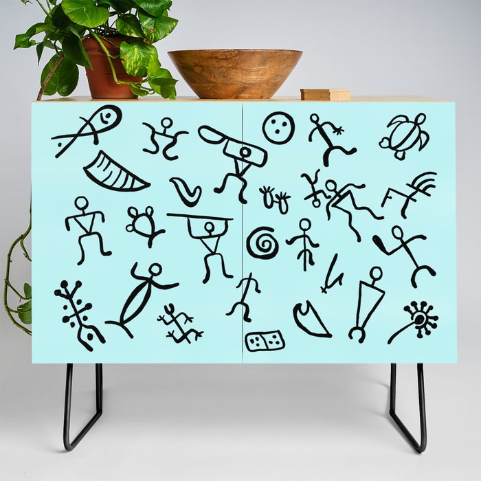 Hawaiian Petroglyphs - black pen on turquoise Credenza