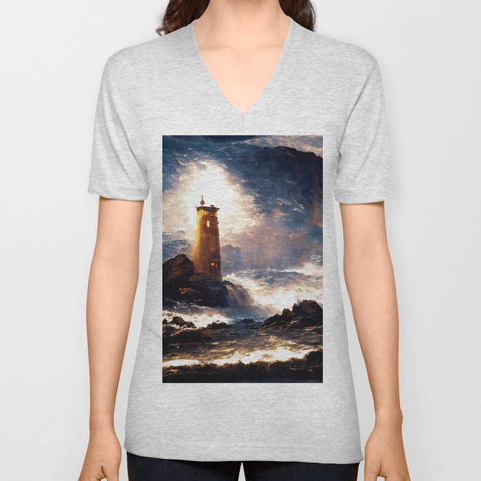 A lighthouse in the storm V Neck T Shirt