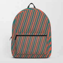 [ Thumbnail: Dark Cyan & Red Colored Striped Pattern Backpack ]