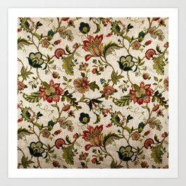 Red Green Jacobean Floral Embroidery Pattern Art Print