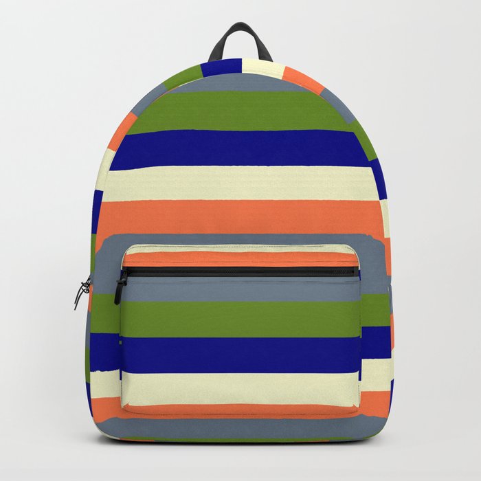 Eye-catching Coral, Slate Gray, Green, Dark Blue & Light Yellow Colored Striped Pattern Backpack