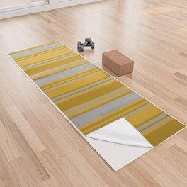 [ Thumbnail: Dark Gray, Dark Goldenrod, and Goldenrod Colored Pattern of Stripes Yoga Towel ]