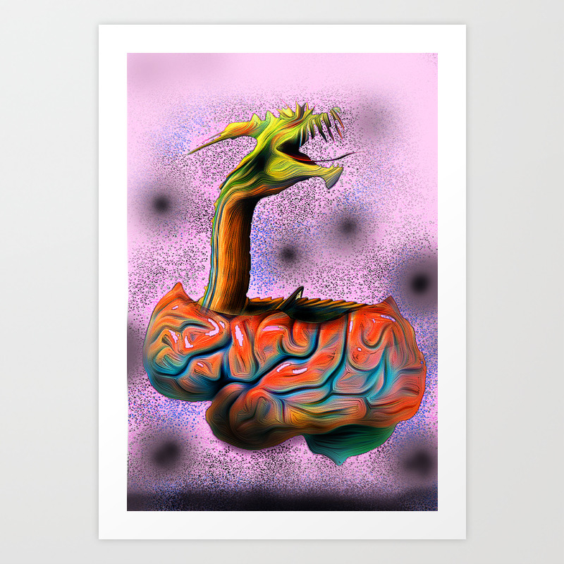 Surreal Digital Painting With Brain And Dragon Art Print By