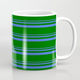 [ Thumbnail: Royal Blue & Dark Green Colored Striped/Lined Pattern Coffee Mug ]