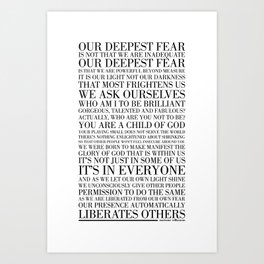 Our Deepest Fear by Marianne Williamson Art Print | Inspirational, Mariannewilliamson, Graphicdesign, Typography, Ourdeepestfear, Black And White, Self Belief 