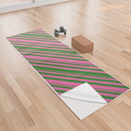 [ Thumbnail: Hot Pink and Forest Green Colored Stripes Pattern Yoga Towel ]