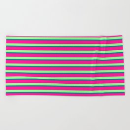 [ Thumbnail: Green, Teal, and Deep Pink Colored Stripes Pattern Beach Towel ]
