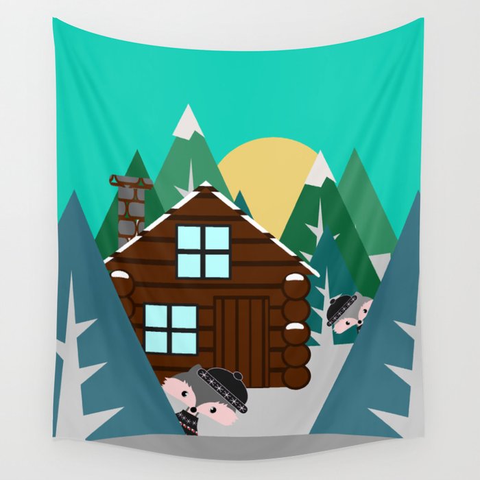 Winter cabin in the woods Wall Tapestry