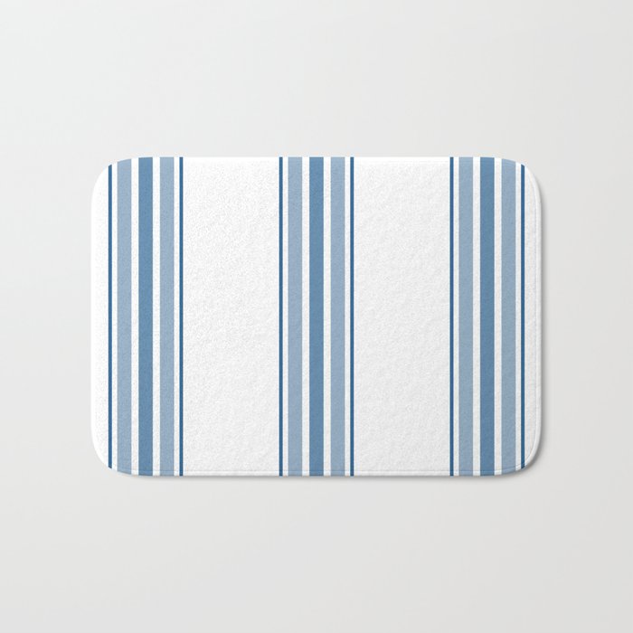 Farmhouse Blue Ticking Stripes on White Bath Mat
