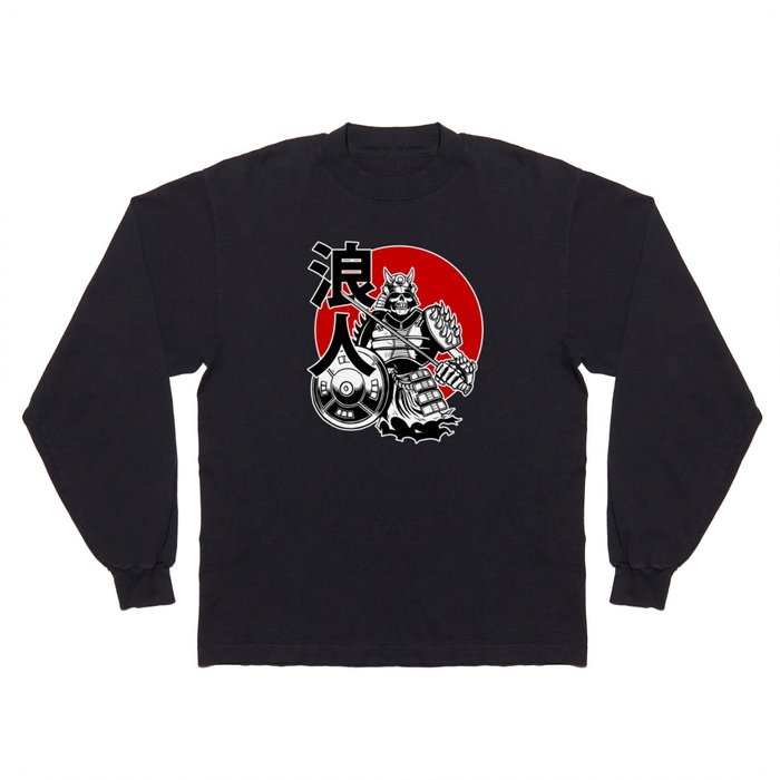 Skeleton Samurai Warrior with Ronin Japanese Lettering Long Sleeve T Shirt