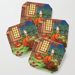 A Halloween House with Pumpkin Patch, a black cat and a little ghost Coaster