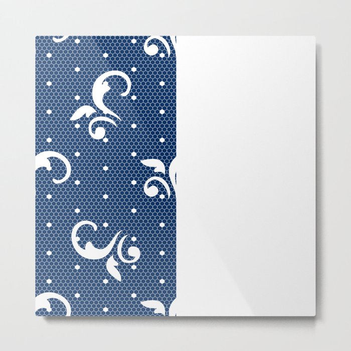 White Floral Curls Lace Vertical Split on Dark Navy Blue Metal Print