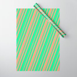 [ Thumbnail: Green & Light Salmon Colored Striped/Lined Pattern Wrapping Paper ]