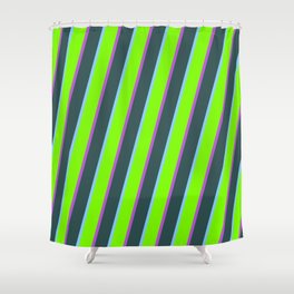 [ Thumbnail: Light Sky Blue, Green, Orchid & Dark Slate Gray Colored Striped Pattern Shower Curtain ]