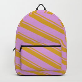 [ Thumbnail: Goldenrod & Plum Colored Stripes Pattern Backpack ]