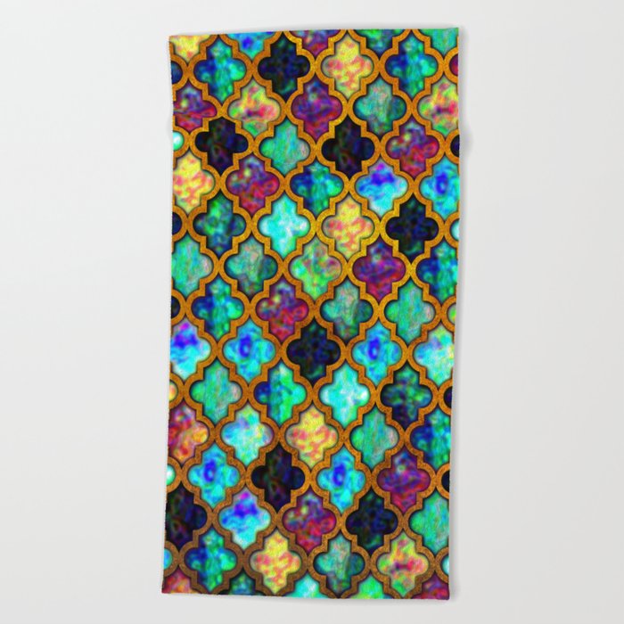 Moroccan tiles iridescent pattern golden mesh Beach Towel