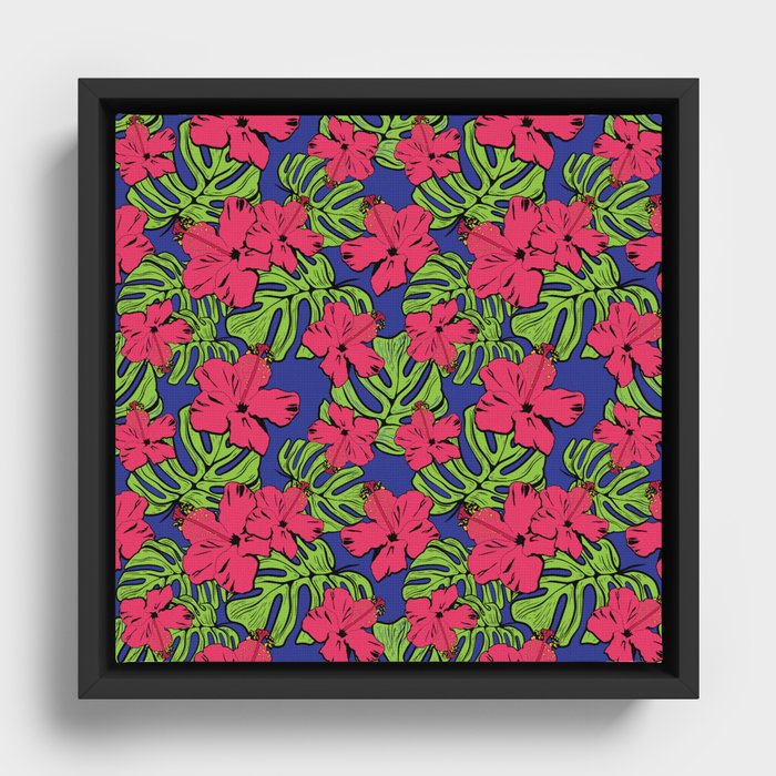 Halftone Pink Hibiscus and Monstera Leaves Framed Canvas