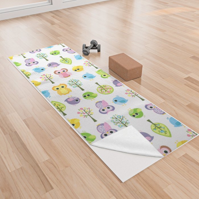 Cute funny pink yellow blue purple floral owl birds Yoga Towel