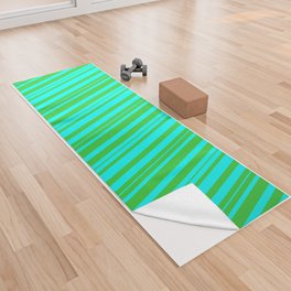 [ Thumbnail: Cyan & Lime Green Colored Lined Pattern Yoga Towel ]