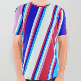 [ Thumbnail: Colorful Plum, Crimson, Blue, Deep Sky Blue, and Mint Cream Colored Lined/Striped Pattern All Over Graphic Tee ]