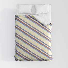 [ Thumbnail: Sienna, Cornflower Blue & Light Yellow Colored Striped/Lined Pattern Comforter ]