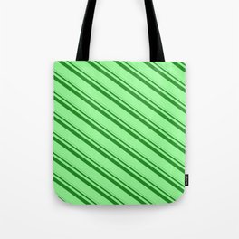 [ Thumbnail: Forest Green & Green Colored Lined/Striped Pattern Tote Bag ]