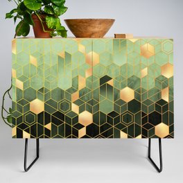 Olive Green + Golden Hexagonal Modern Abstract Pattern Credenza