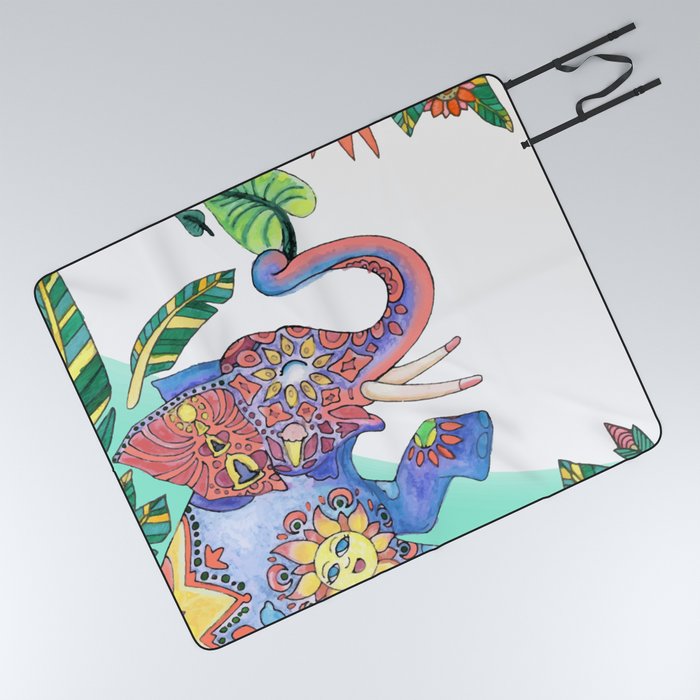 The Happy Elephant - Turquoise Picnic Blanket