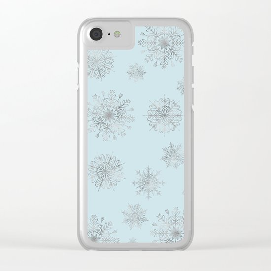 Assorted Silver Snowflakes On Light Blue Background Clear iPhone Case