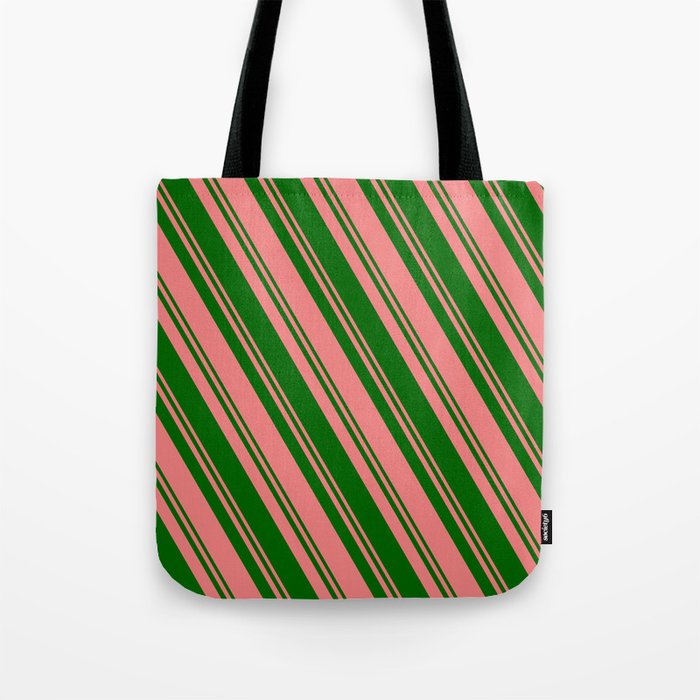 Light Coral and Dark Green Colored Lines Pattern Tote Bag