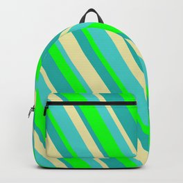 [ Thumbnail: Lime, Light Sea Green, Pale Goldenrod & Turquoise Colored Stripes/Lines Pattern Backpack ]