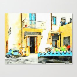 Foosball and scooter in front of the bar Canvas Print