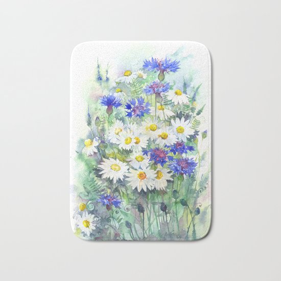 Watercolor chamomile and cornflowers Bath Mat