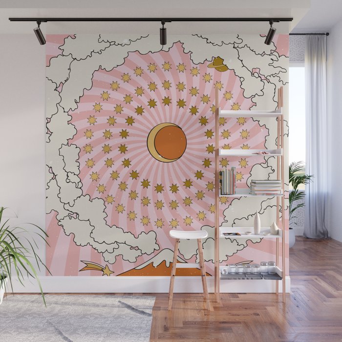Astrological hippie print. Star, moon, rainbow and clouds Wall Mural