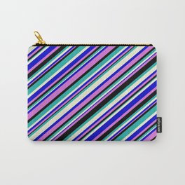 [ Thumbnail: Blue, Orchid, Black, Light Sea Green & Beige Colored Pattern of Stripes Carry-All Pouch ]