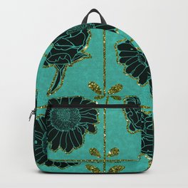 Tiled Linocut Flowers with Glitter on Teal Background Backpack