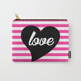 Love With Heart, Typography, Black Heart and Pink Stripes Carry-All Pouch