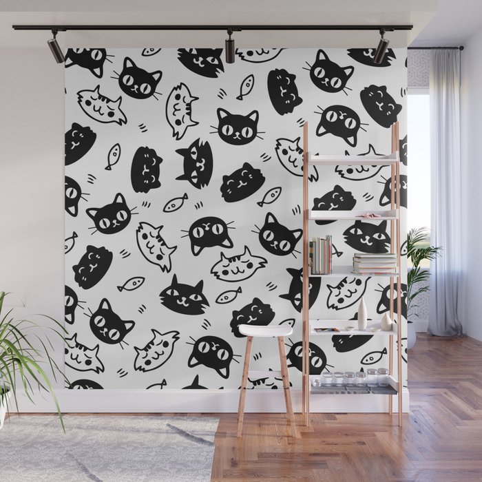 Black White Cute Cats Pattern Wall Mural