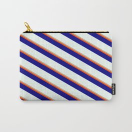 [ Thumbnail: Tan, Red, Blue & Mint Cream Colored Stripes/Lines Pattern Carry-All Pouch ]