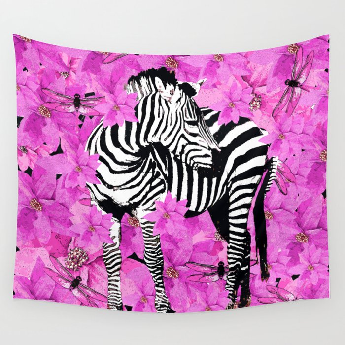 ZEBRA AND PINK FLOWERS and DRAGONFLIES Wall Tapestry