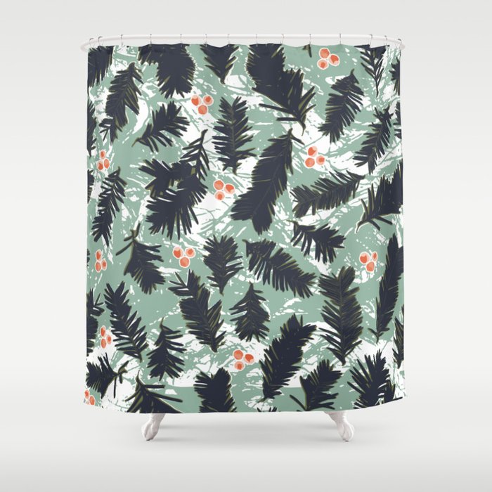 Forever Green Winter Floral Pattern Shower Curtain