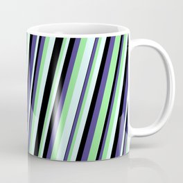 [ Thumbnail: Dark Slate Blue, Light Green, Light Cyan & Black Colored Lines/Stripes Pattern Coffee Mug ]