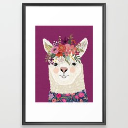 Alpaca with flowers on head. Purple Framed Art Print