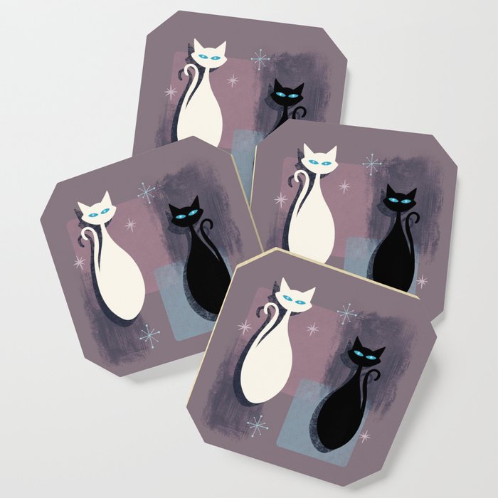 Jazzy Midcentury Modern Black And White Abstract Cats Coaster By