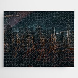 New York City Manhattan skyline from the Brooklyn Bridge at night Jigsaw Puzzle