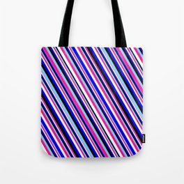 [ Thumbnail: Eyecatching Light Sky Blue, Deep Pink, White, Blue & Black Colored Lines Pattern Tote Bag ]
