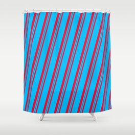 [ Thumbnail: Deep Sky Blue and Crimson Colored Lines/Stripes Pattern Shower Curtain ]